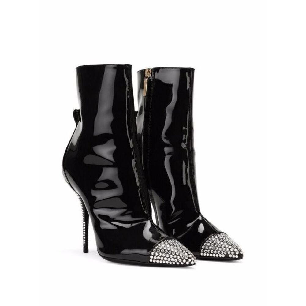 Dolce & Gabbana Crystal-Embellished Patent Leather Black Ankle Boots Size 35